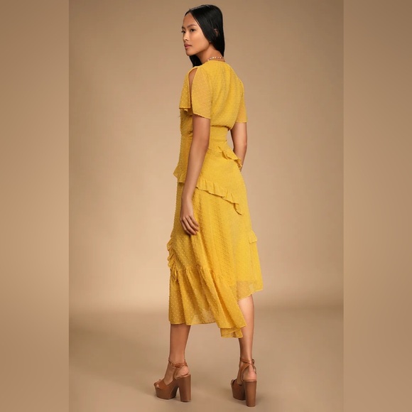 Lulu’s Next to You Mustard Yellow Swiss Dot Ruffled Midi Dress - Picture 8 of 8
